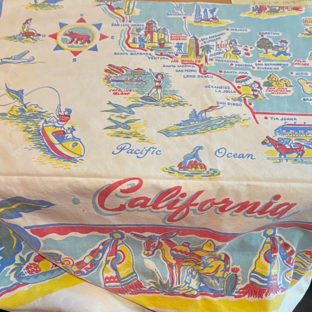 Vintage Tablecloth Souvenir Map of California, Topographical, 50"x 60"